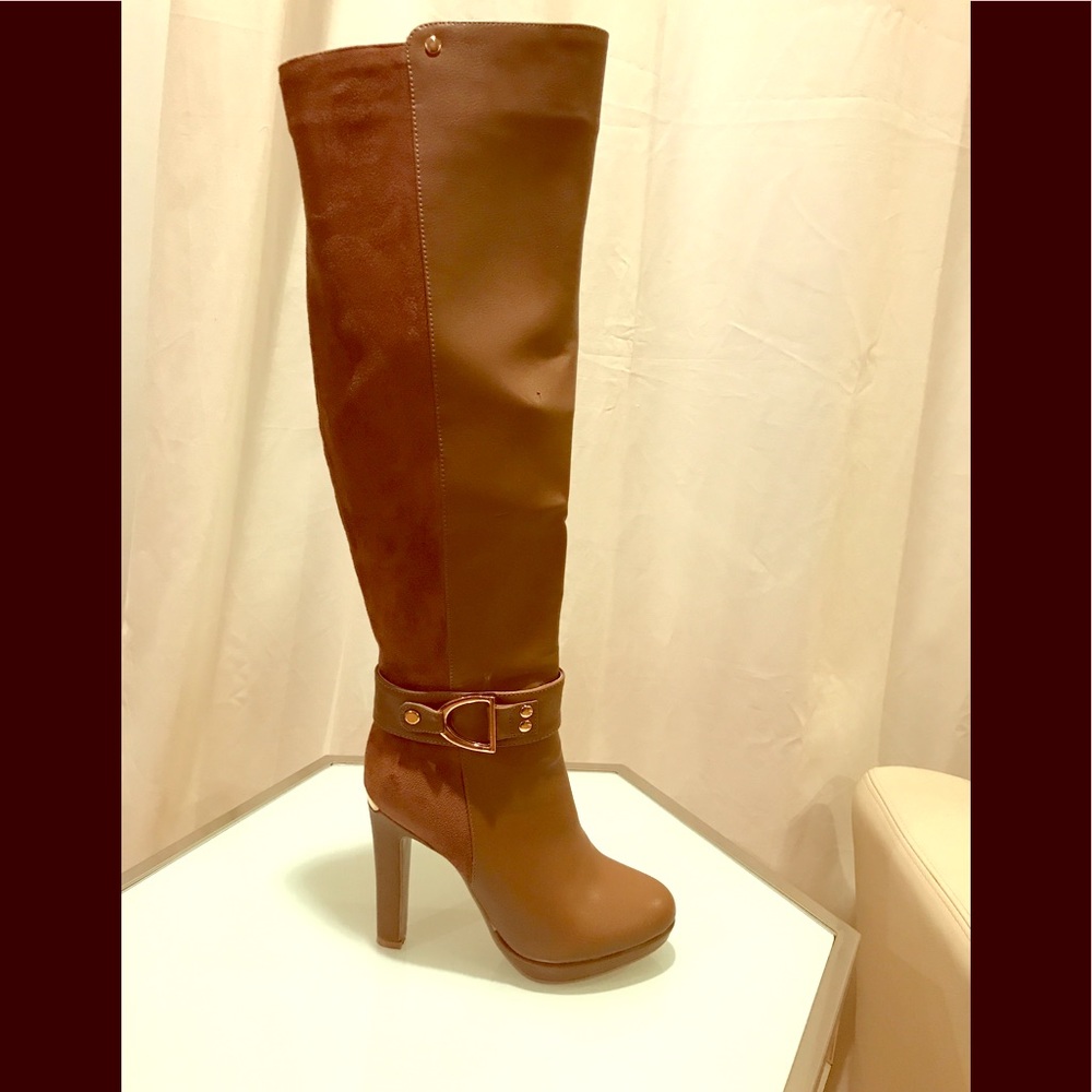 Heeled boots in brown faux suede & leather